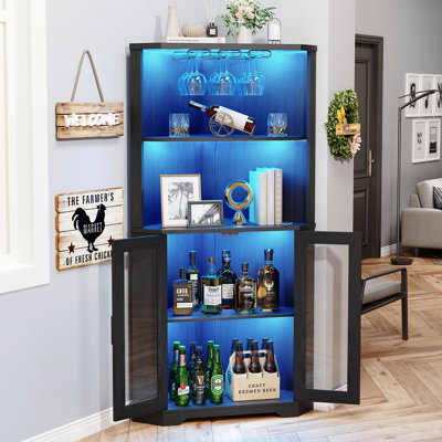Corner Bar Cabinet With Led Lights, 65" Tall Wine Cabinet Liquor Stand With Glass Holder & Tempered Glass Door, Alcohol Storage With Human Body Sensor