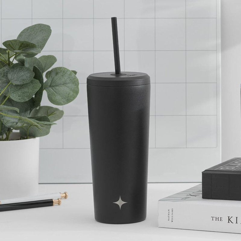 Gobelet isolant noir JoyJolt avec couvercle rabattable et paille, Noir