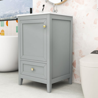 Meuble-lavabo simple autoportant moderne avec lavabo en céramique, tiroir et support de rangement