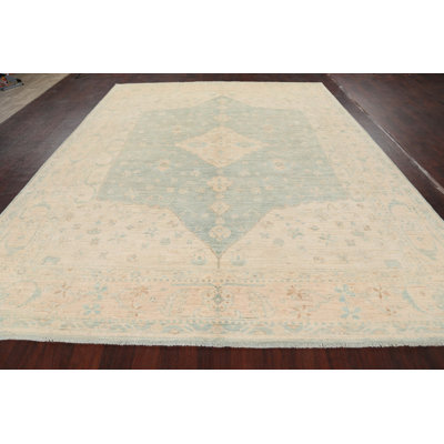 Tapis décoratif en laine de conception unique noué à la main New Age Oushak beige/vert 8 pi 9 po x 11 pi 6 po New Age