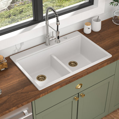 Évier de cuisine à quartz à double cuve en granite avec crépine à panier en or, grille de comptoir dorée 33 po x l 22 po Quartz