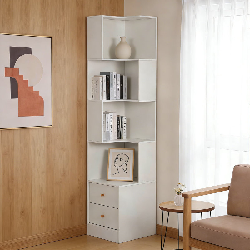 Bibliothèque de coin de 71 pouces de hauteur avec tiroirs, étagère de rangement à 5 niveaux pour le salon, le bureau et le bureau - Conception en L peu encombrante