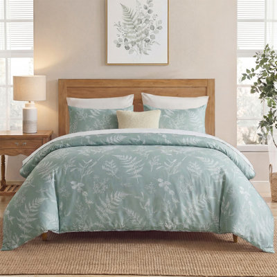 100% Cotton Floral Duvet Cover Set King Size, Green Branches Botanical Bedding, 3 Pcs with Zipper Closure & Corner Ties, Soft Breathable Duvet Cover for All Seasons