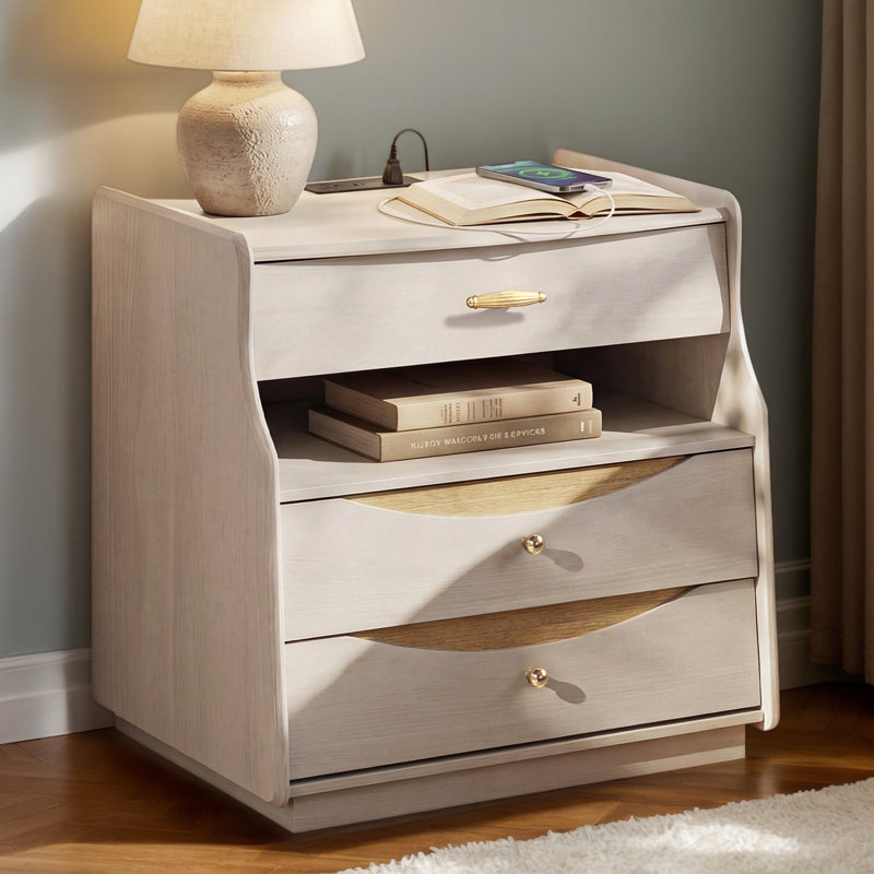 Large table de chevet avec station de charge, grande table de chevet avec tablette ouverte et 3 tiroirs, commode de table de bout de style campagnard pour chambre à coucher avec poignée dorée, conception en arc (blanc)