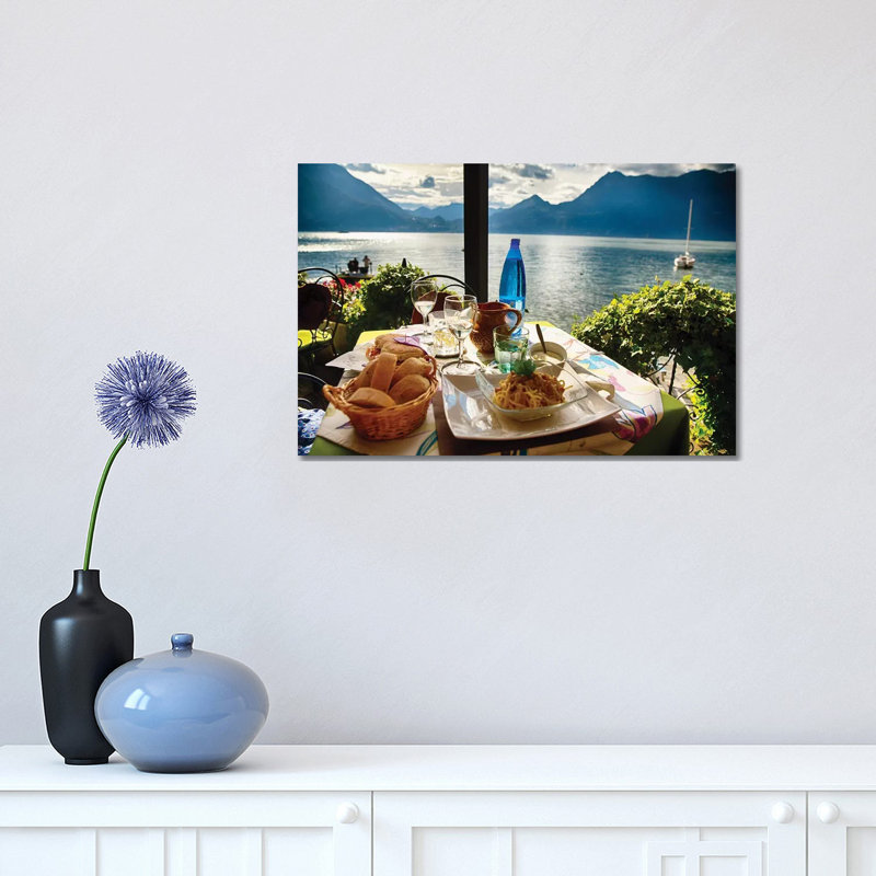 Food On A Restaurant Table With A Lake View, 30.48 cm H x 45.72 cm W