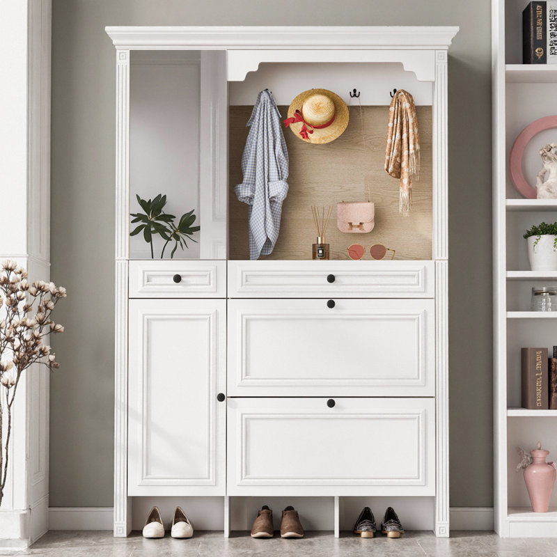 Entryway Hall Tree - 4-in-1 Shoe Cabinet, Mirror, Coat Rack & Bench