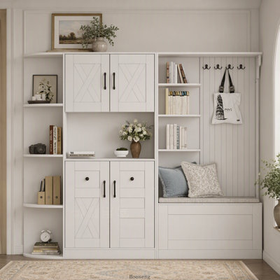 Armoire de vestibule multifonctionnelle gauche-droite avec rangement, 4 crochets et 2 en 1, bleu antique