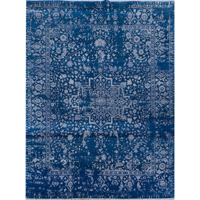 Tapis bleu foncé et gris noué à la main de haute qualité
