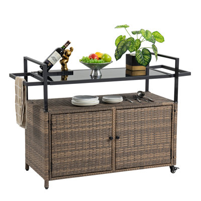 Chariot de nourriture brun avec véranda - avec roulettes et plateau de table en verre pour le divertissement extérieur