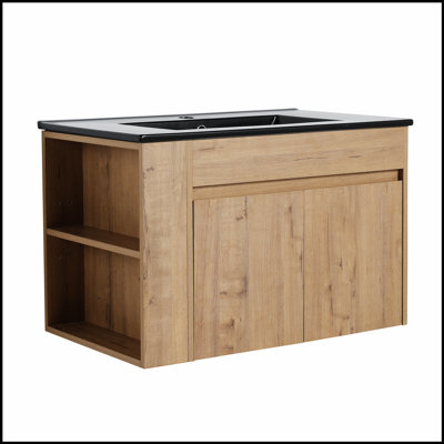 Meuble-lavabo mural avec lavabo en céramique blanche et tablette ouverte réglable pour les petits espaces