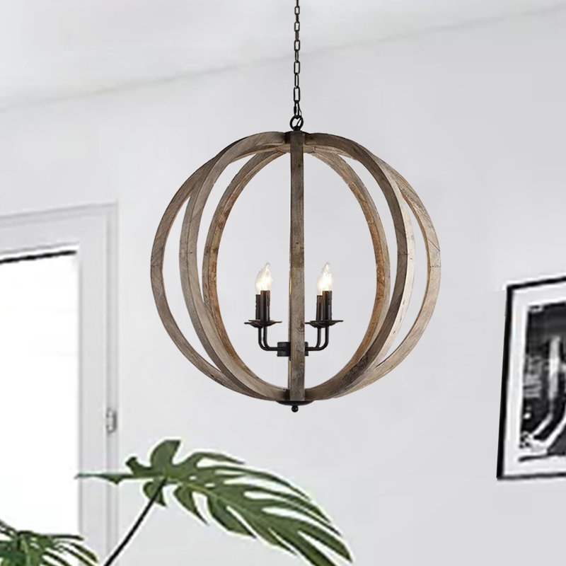 Lustre sphérique en bois 4 lumières