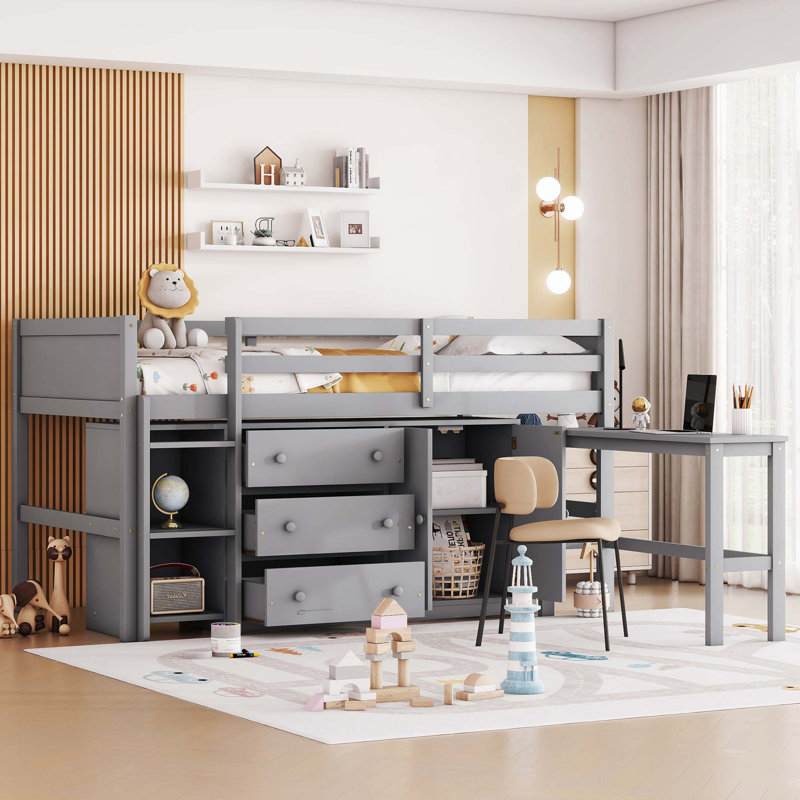 Lit mezzanine bas avec bureau coulissant, tiroirs, armoire et tablettes, gris