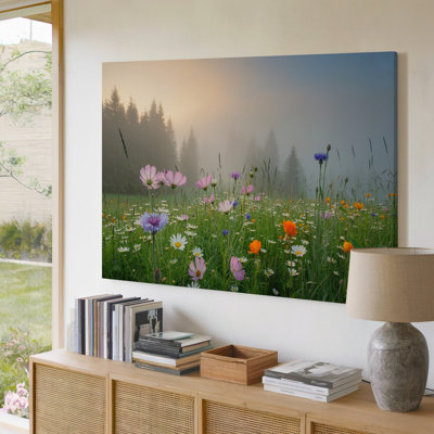 Reproduction d'art sur toile Wildflower Meadow Misty Forest Landscape Nature Decor pour le salon, la chambre à coucher, le bureau, le couloir, l'entrée, le mur de la galerie et la décoration moderne