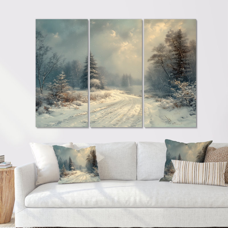 «White Grey Winter Road Into Forest III - Winter Landscape», ensemble de reproduction d'art mural, Métal métal