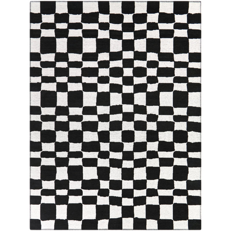 Tapis noir à carreaux abstrait Kieffer, Rectangle 7 pi 10,5 po x 10 pi 0,1 po