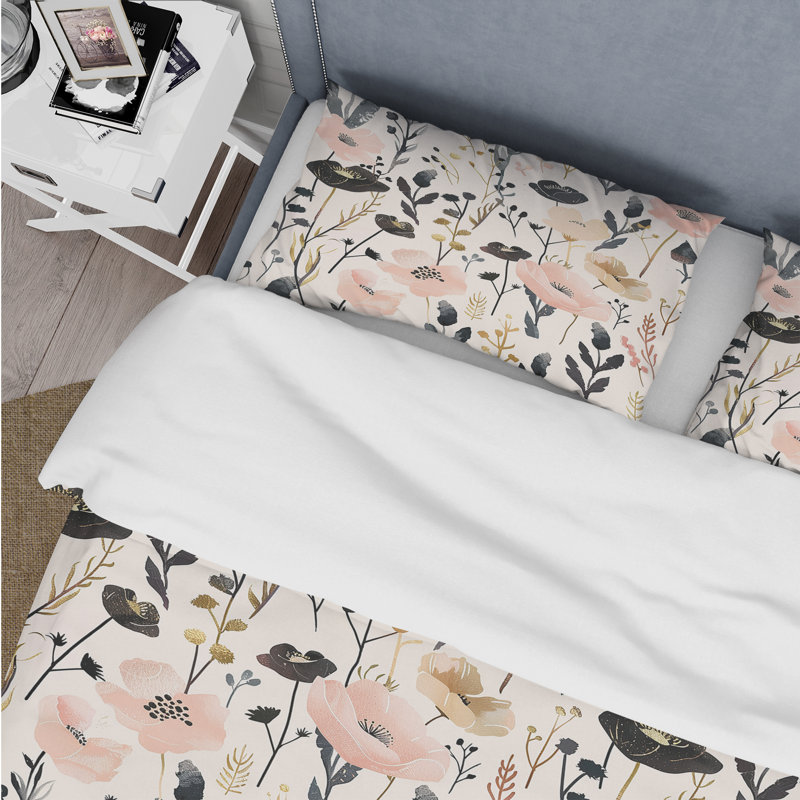 Ensemble de housse de couette rose et noir Boho Floral Meadows I - Boho, Housse de couette très grand + 2 taies décorativ