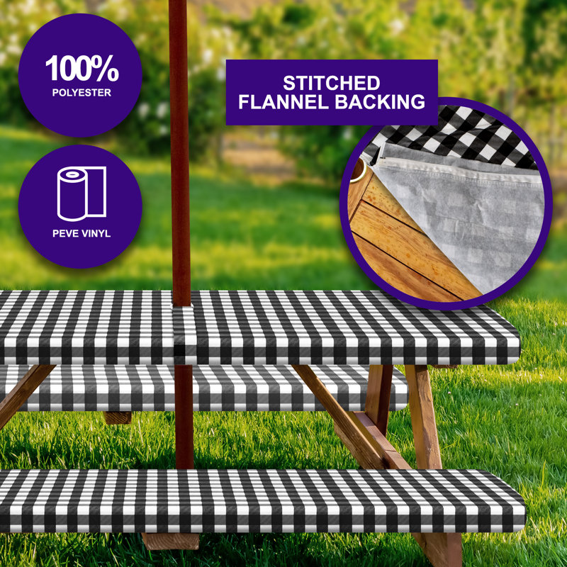 Jeveah Vinyl Picnic Fited 3 Pcs Tableclth With Umbrella Hole Rectangle 30X72 Red, Black, 72" x 30"