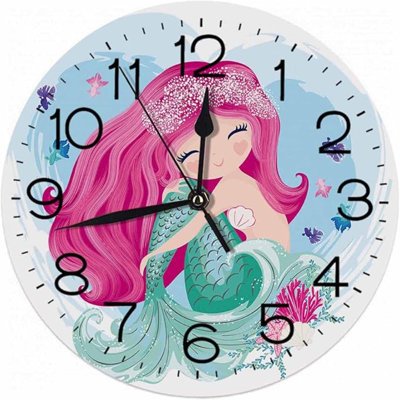 Numland-Sea Girl Silent Tick Round Wall Clock Battery Wall Clock Retro Home Decoration, Home Office School Wall Decoration