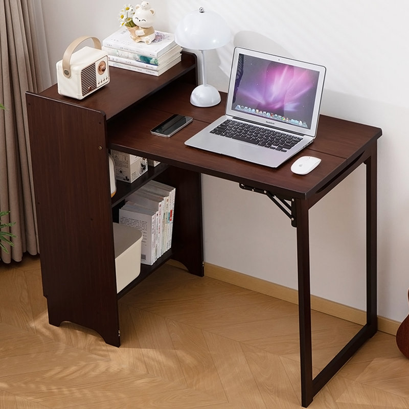 Bureau pliant en bambou, bureau pliable pour les petits espaces, bureau d'ordinateur avec rangement caché et prise intégrée, table pliable de style Mid-Century pour bureau à domicile et chambre à coucher (brun noyer)