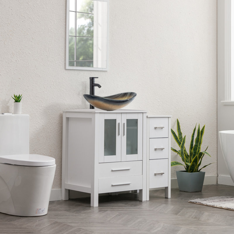 Couleur de la base: blanc; couleur du lavabo: or; meuble-lavabo simple autoportant de 36 po avec comptoir en bois manufacturé, lavabo vasque, robinet, bonde