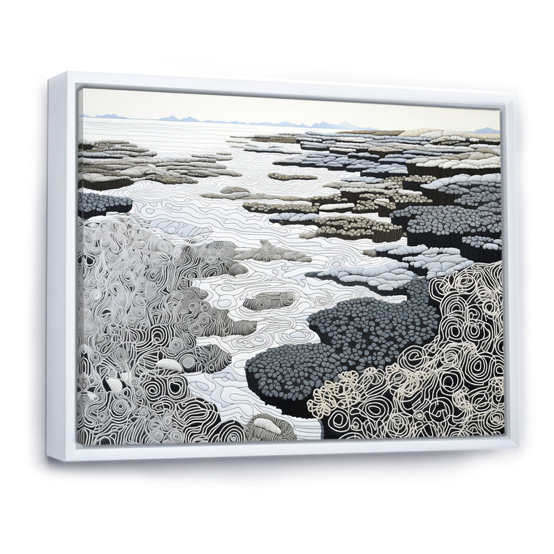 Gris abstrait paysage - plage et océan, reproductions d'art mural, H 12 po x l 20 po x P 1 po, Cadre flottant blanc