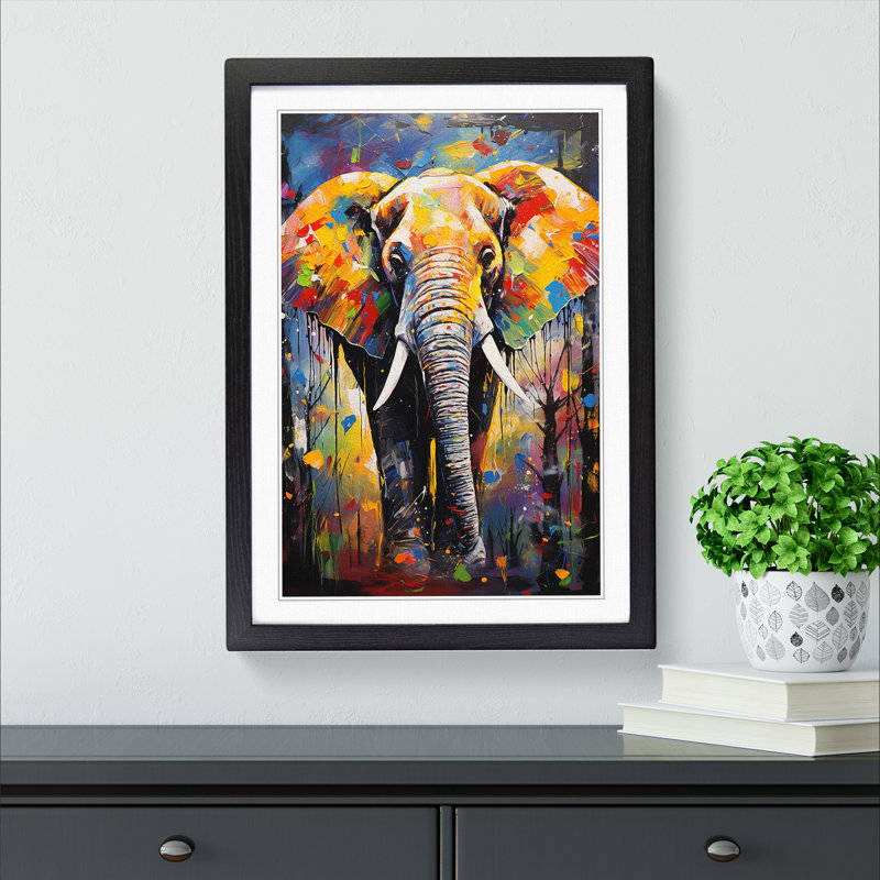 Elephant Expressionism No.3 - Single Picture Frame Print on Wood, Black, 34cm H x 25cm W x 2cm D