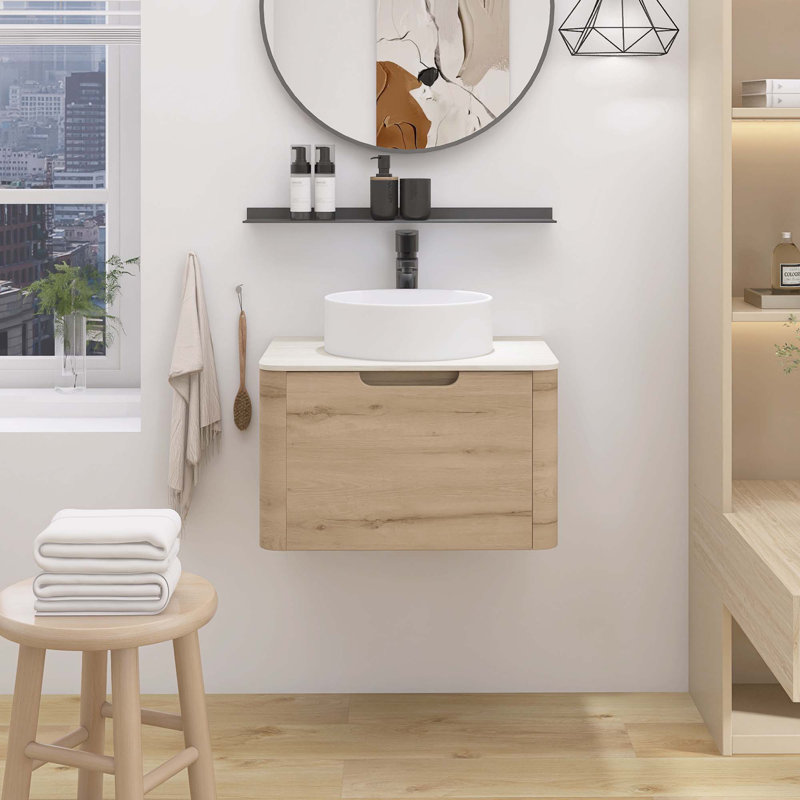 Meuble-lavabo mural en contreplaqué pré-assemblé avec plateau en pierre frittée, tiroir et lavabo rond en céramique, couleur grain de bois chêne blanc