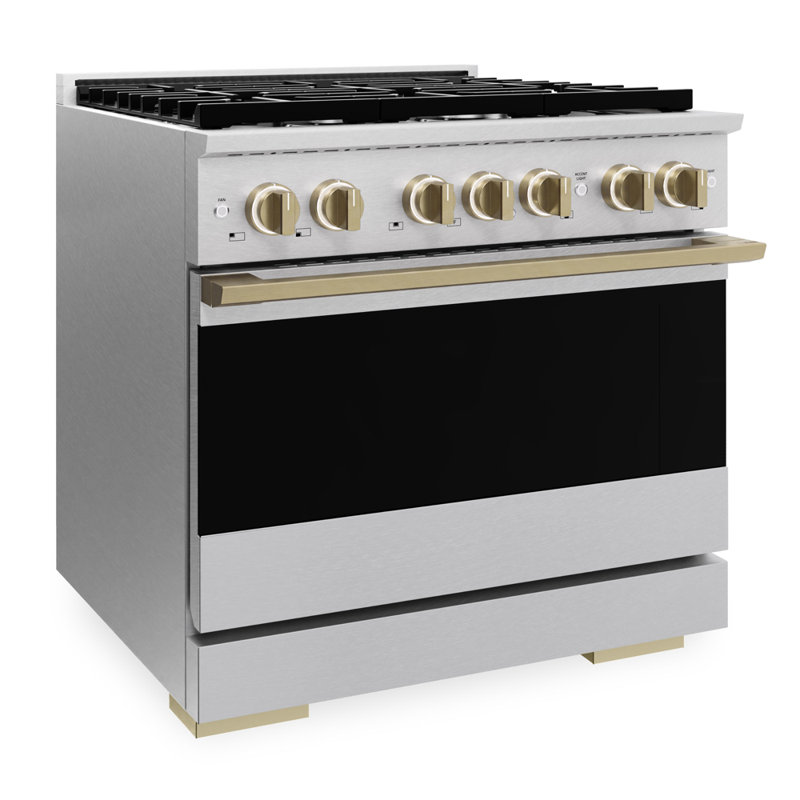 ZLINE Autograph 36 in. Marino Black Stainless Gas Range w/ 6 Gas Burners & Gold Accents