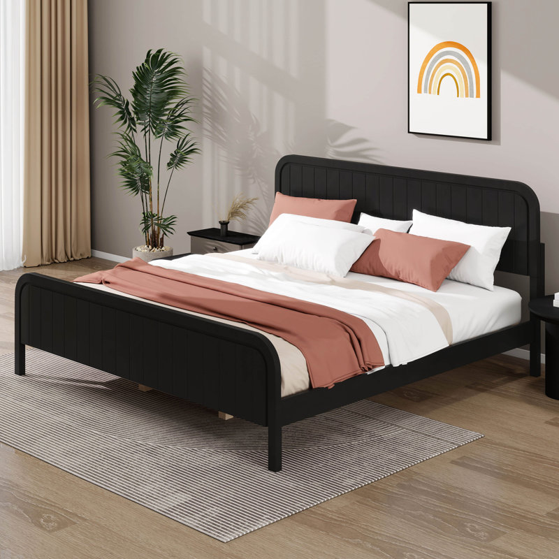 Lit plateforme en bois avec tête de lit, cadre de lit en bois avec support en lattes de bois, King, Black