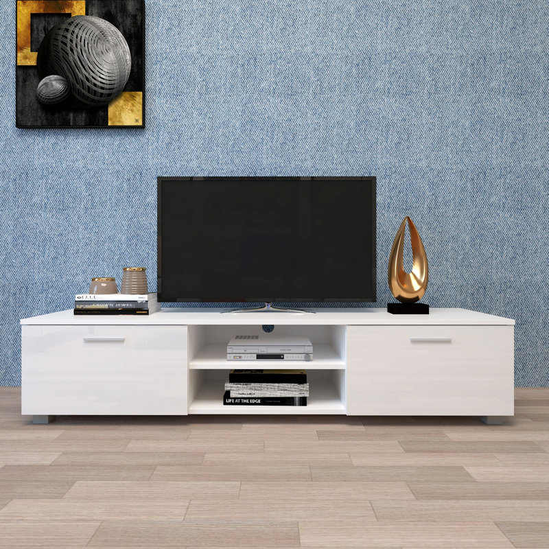 Meuble télé, console multimédia, 2 armoires de rangement avec tablettes ouvertes pour 70 po, Blanc
