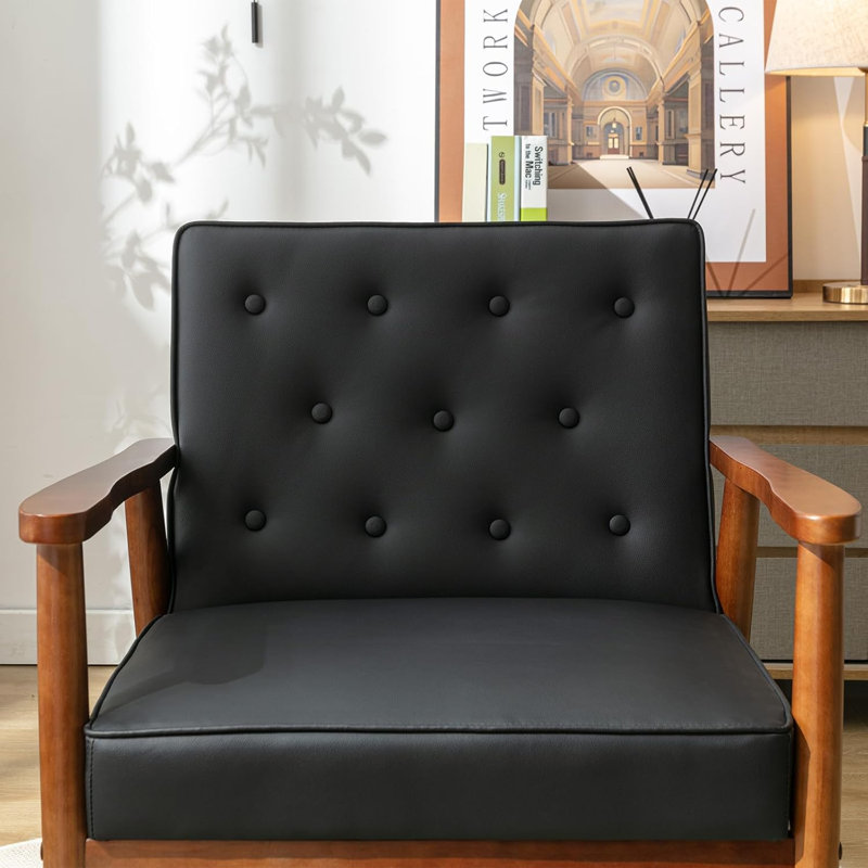 Fauteuil Mid-Century de 68 po de largeur, Similicuir noir