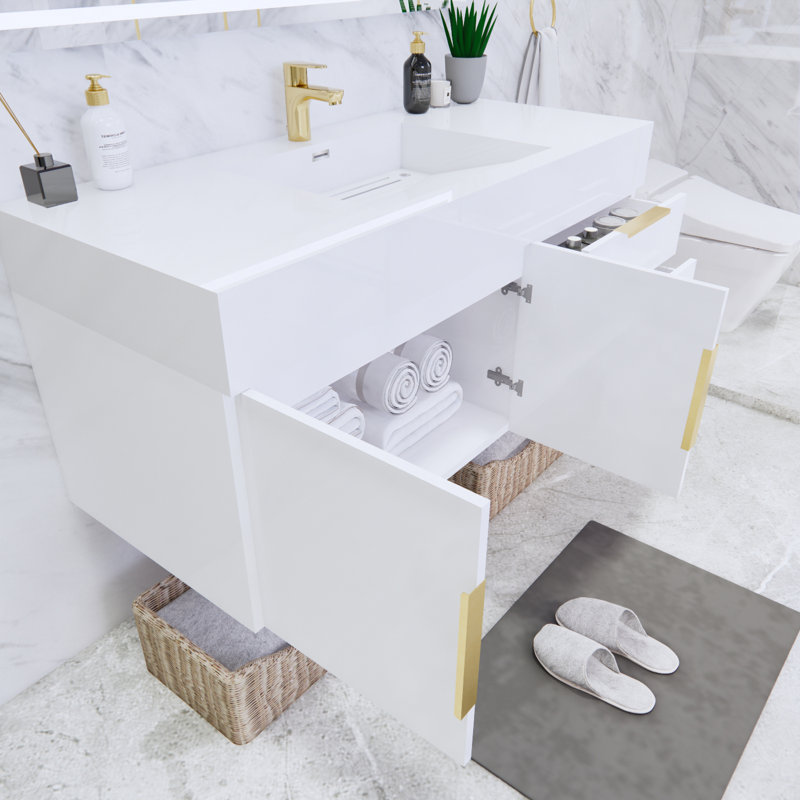 Glasgow 48 " W Single Vanity Bathroom Vanity With Acrylic Top, White, White