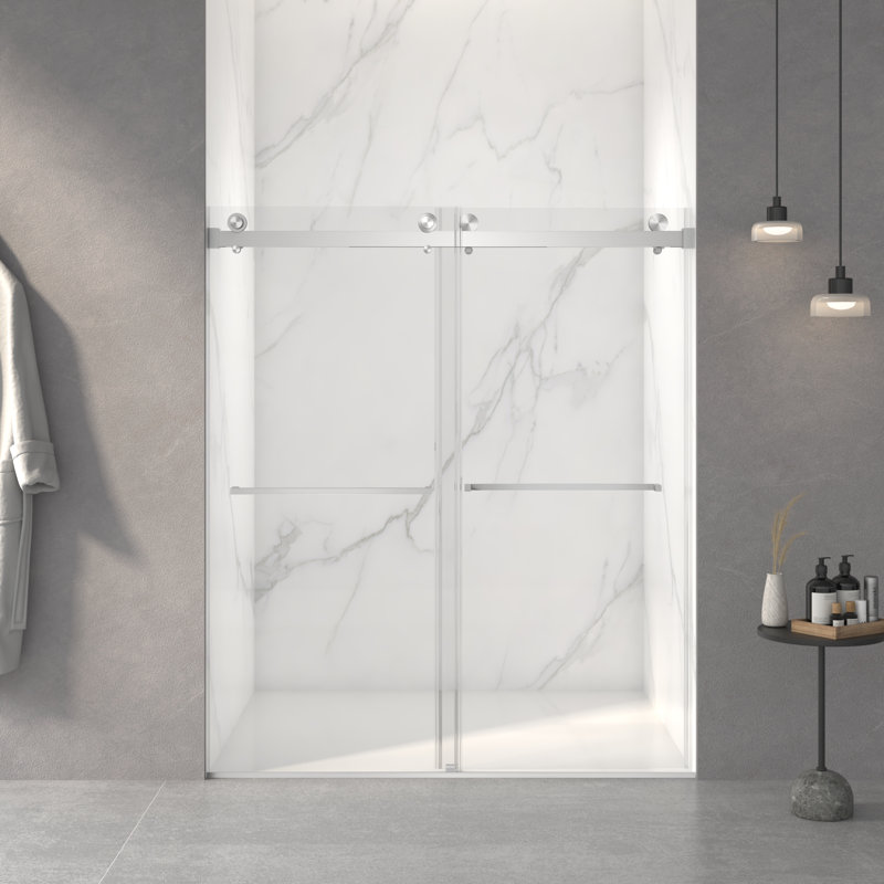 Porte de douche coulissante double sans cadre, verre trempé clair de 5/16 po (8 mm), couche épaisse facile à nettoyer