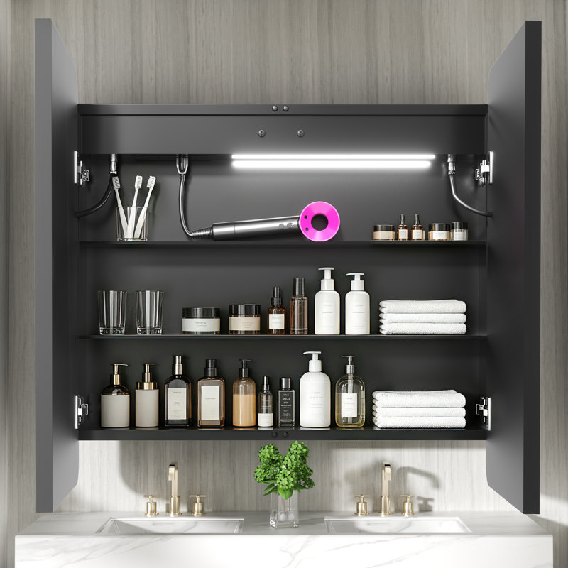 36 po Pharmacie rectangulaire en fer avec miroir, lumières à intensité variable, désembueur, prise et USB, 36", Noir