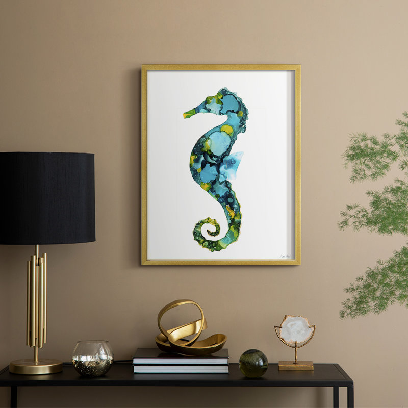 Seahorse Framed Print - Solid Wood, 11" H x 9" W, Gold