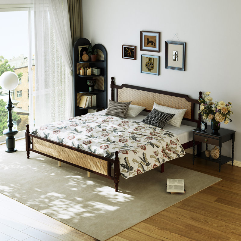 Pine Wooden Platform Bed With Rattan Headboard & Footboard, Espresso, King