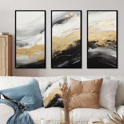 Gold And Black Soft Wave Fusion III - Abstract Shapes Canvas Art Set