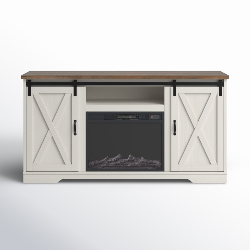 Meuble télé Chiara pour téléviseur de 65 po ou moins avec foyer, Blanc patiné / bois de grange