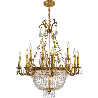 Lustre luxueux de 36 pouces en laiton et cristal de style Empire avec motif floral pour la décoration intérieure