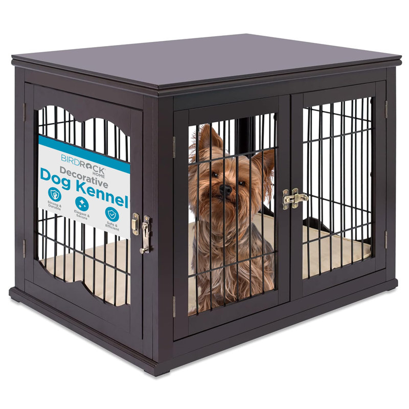 Wooden Dog Crate Furniture with Cushion - 32 Inch Medium Dog Kennel with Double Doors - Indoor Decorative Pet House End Table for Small and Medium Pets (Espresso)