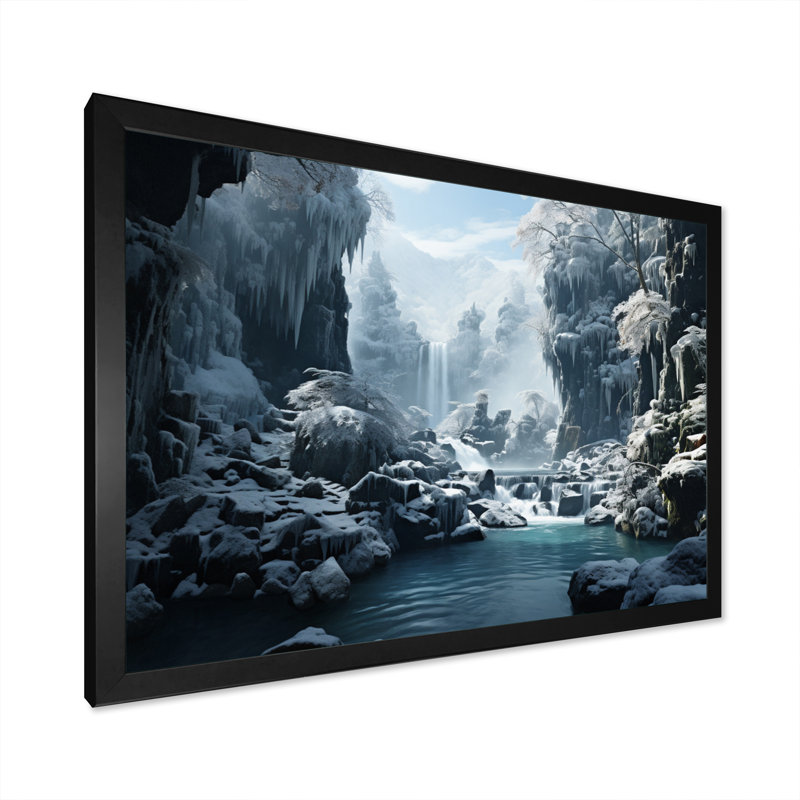 «Grey White Waterfall Frozen Symphony IV», reproduction sur toile, Cadre simple noir, H 30 po x l 40 po x P 1,5 po