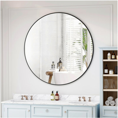 42-inch black round mirror with metal frame, round makeup mirror, suitable for bathroom, living room, and bedroom wall decoration