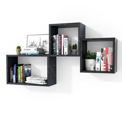  Wall Mount Cube Shelf Set Of 3,Floating Cube Shelves For Space Discovery, Cloud Atlas/Black Marble