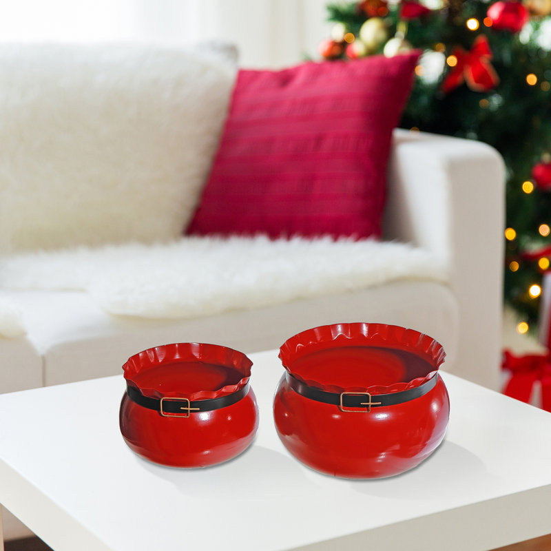 Boîte à fleurs rouge en métal avec ceinture Santa (ensemble de 2)