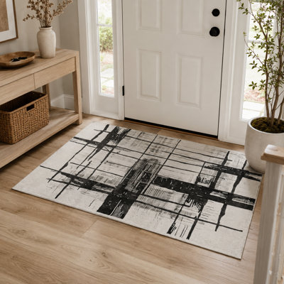 Abstract Non-Slip Machine Washable Modern Area Rug in Black/White for Living Room, Bedroom, Hallway Indoor Rugs
