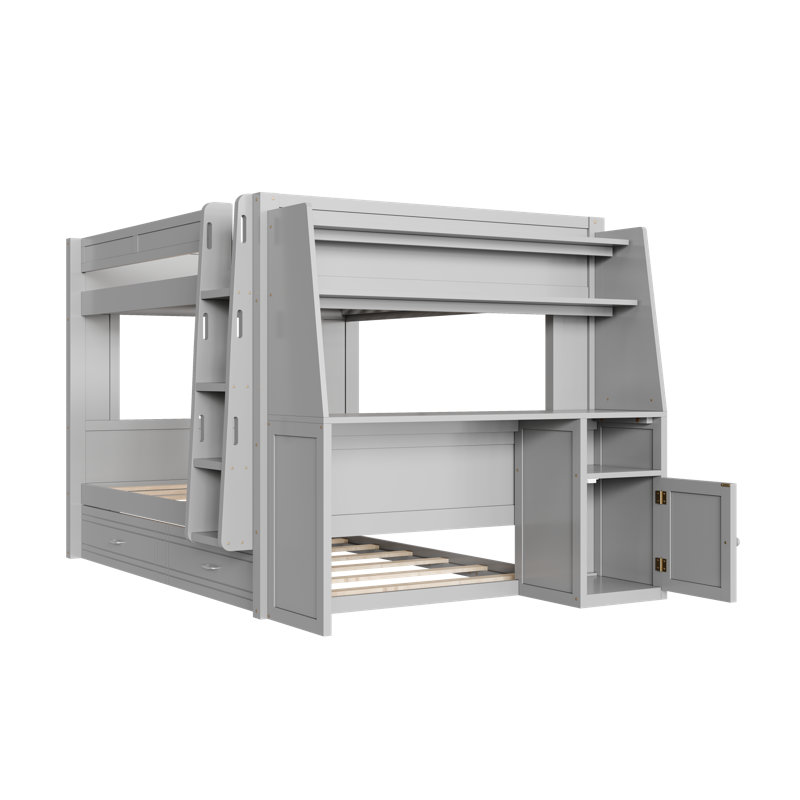 Lit superposé double pleine grandeur avec bureau et bibliothèques, gigogne, gris, Gris