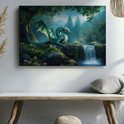 Canvas A Majestic Emerald Dragon With Intricate Scales And Piercing Red Wall Art Eyes Perches On A Rocky Outcrop Beside A Cascading Canvas Wall Art