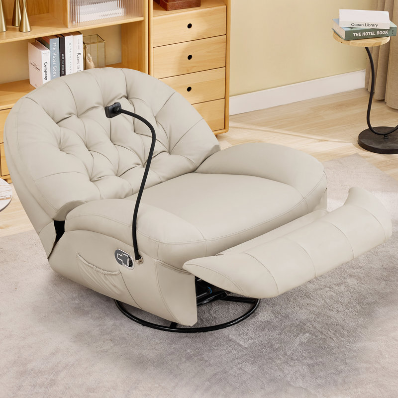 Oversized Swivel Rocker Recliner Chair,Swivel Rocking Sofa, Large Recliner Glider Chair with Phone Holder, PU Beige