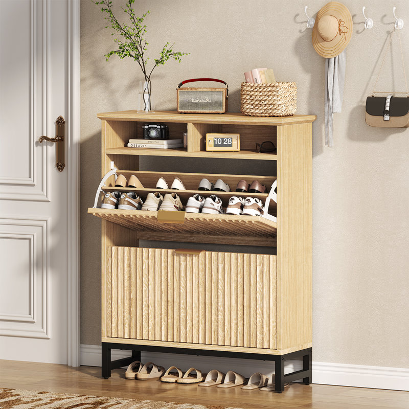Slim Fluted Shoe Storage Cabinet With Led Accent Light, 2 Flip-down Drawers And Open Shelf, Narrow Freestanding Entryway Shoe Organizer For Hallway Or Foyer