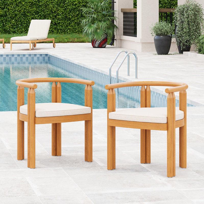 Cove Acacia Wood Armrest Dining Chair, Teak Finish With Beige Cushion, Set Of 2